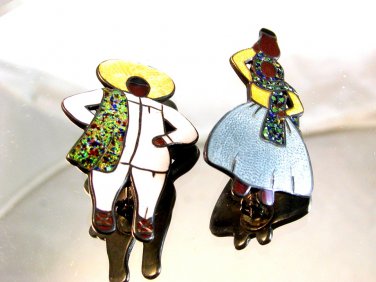 Mexican Sterling Silver Enameled Man & Woman Brooch by Margot  De Taxco