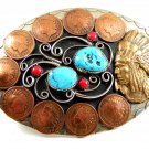 Southwest Handcrafted Indian Chief 10 Pennys Coral Turquoise Belt Buckle USA