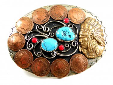 Southwest Handcrafted Indian Chief 10 Pennys Coral Turquoise Belt Buckle USA