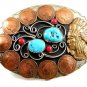 Southwest Handcrafted Indian Chief 10 Pennys Coral Turquoise Belt Buckle USA