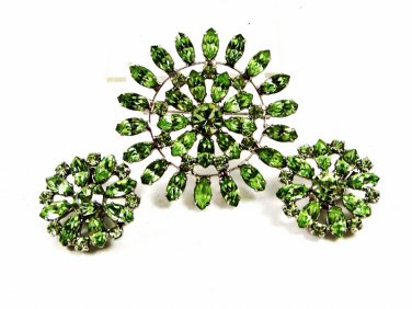 Light Green Rhinestones Matching Brooch & Earrings By B. David 102014