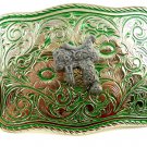 Made in USA Western Silvertone Green Cowboy Saddle Belt Buckle #102113a