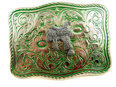 Made in USA Western Silvertone Green Cowboy Saddle Belt Buckle #102113a