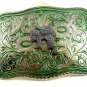 Made in USA Western Silvertone Green Cowboy Saddle Belt Buckle #102113a
