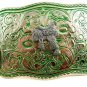 Made in USA Western Silvertone Green Cowboy Saddle Belt Buckle #102113a