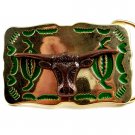 Rodeo Cowboy Made in USA Gold Tone Green Longhorn Belt Buckle #101813
