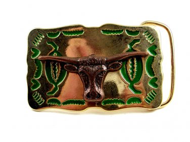 Rodeo Cowboy Made in USA Gold Tone Green Longhorn Belt Buckle #101813