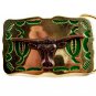 Rodeo Cowboy Made in USA Gold Tone Green Longhorn Belt Buckle #101813
