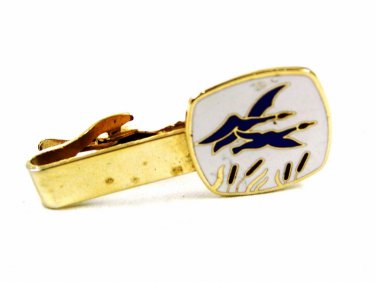 Goldtone 2 Blue Ducks Flying In Field Tie Clasp Unmarked 102114