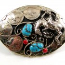 Handcrafted Cowboy Horse Bowing 4 Nickels Coral Turquoise Belt Buckle USA
