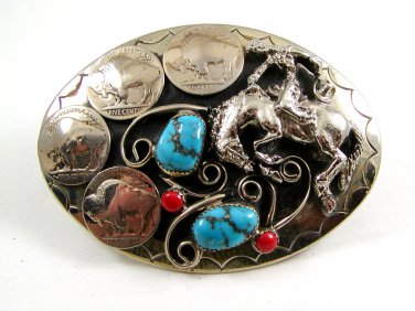 Handcrafted Cowboy Horse Bowing 4 Nickels Coral Turquoise Belt Buckle USA