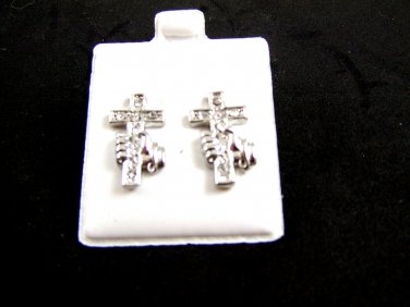 Hand Holding Cross CZs Pierced Studs Earrings