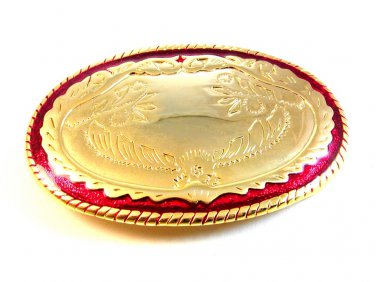 Gold Tone Red Enamel Western Cowboy Belt Buckle Made in USA