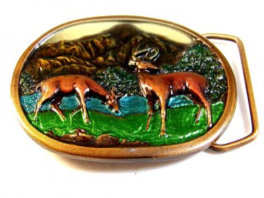 Vintage Indiana Metal Craft Buck & Doe Deer Mountains Belt Buckle