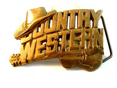 1981 Country Western Hat Guitar Solid Brass Belt Buckle