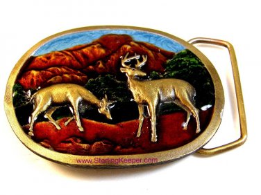 Vintage Indiana Metal Craft Buck & Doe Deer Mountains Belt Buckle - This is the