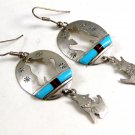 Southwest Sterling Silver Wolf Howling Turquoise Dangley Pieced Earrings