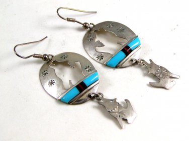 Southwest Sterling Silver Wolf Howling Turquoise Dangley Pieced Earrings