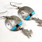Southwest Sterling Silver Wolf Howling Turquoise Dangley Pieced Earrings