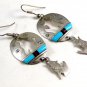 Southwest Sterling Silver Wolf Howling Turquoise Dangley Pieced Earrings