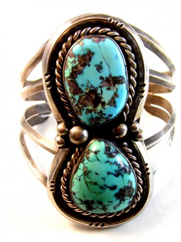 Native American Sterling Silver & Turquoise Cuff Bracelet by Manuel Hoyungowa