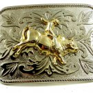 Silvertone Goldtone Western Rodeo Cowboy Riding Bull Belt Buckle 10292013