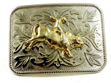 Silvertone Goldtone Western Rodeo Cowboy Riding Bull Belt Buckle 10292013