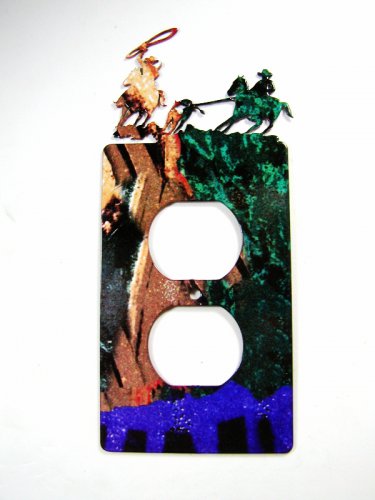 Western Cowboy Rodeo Calf Roping Double Outlet Cover Plate by Steel Images