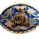 Western Silvertone Blue Cowboy Riding Broncho Belt Buckle #102113d