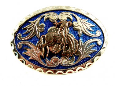 Western Silvertone Blue Cowboy Riding Broncho Belt Buckle #102113d