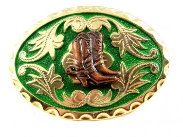 Western Goldtone Green Cowboy Boots Belt Buckle #102113