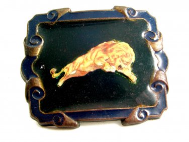 Roaring Lion Enameled Belt Buckle Marked IN in Circle