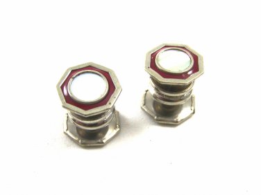 Art Deco Silvertone Red Mother Pearl Cufflinks By COBS LINK 101314