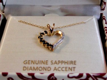 Sterling Silver & 18Kt & Sapphire & Diamond Accent Heart Pendant Chain