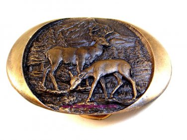 Vintage 1982 Indiana Metal Craft Deer Buck & Doe Belt Buckle