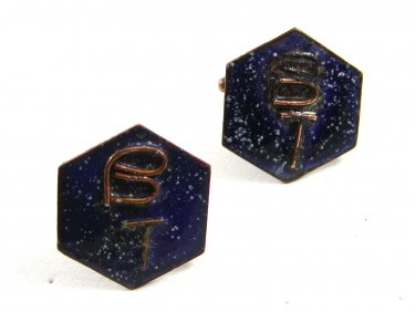 Handmade Blue Enameled Intials BT Copper Cufflinks Unmarked 101514