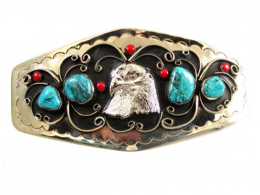 Southwest Handcrafted American Eagle Coral Turquoise Belt Buckle USA