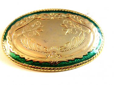 Gold Tone Green Enamel Western Cowboy Belt Buckle Made in USA