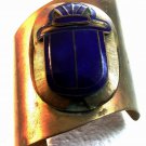 Huge 1880 - 1930 Egyptian Revival Brass & Blue Enamel Scarab Cuff Bracelet