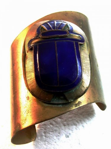 Huge 1880 - 1930 Egyptian Revival Brass & Blue Enamel Scarab Cuff Bracelet