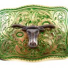 Made in USA Western Silvertone Green Bull Head Belt Buckle #102113