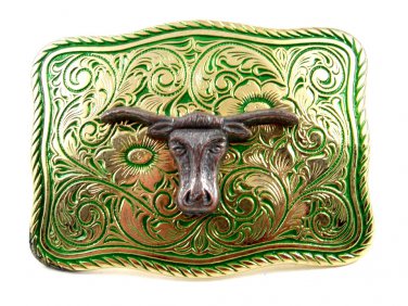 Made in USA Western Silvertone Green Bull Head Belt Buckle #102113