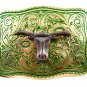 Made in USA Western Silvertone Green Bull Head Belt Buckle #102113