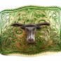 Made in USA Western Silvertone Green Bull Head Belt Buckle #102113