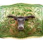 Made in USA Western Silvertone Green Bull Head Belt Buckle #102113