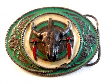 1991 Siskiyou Native American Cow Skull Enameled Belt Buckle