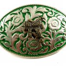 Western Cowboy Silvertone Green Saddle Belt Buckle #102113