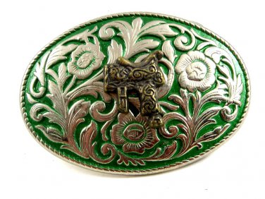 Western Cowboy Silvertone Green Saddle Belt Buckle #102113