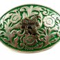 Western Cowboy Silvertone Green Saddle Belt Buckle #102113