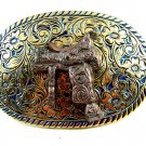 Western Goldtone Blue Saddle Belt Buckle #102113j
